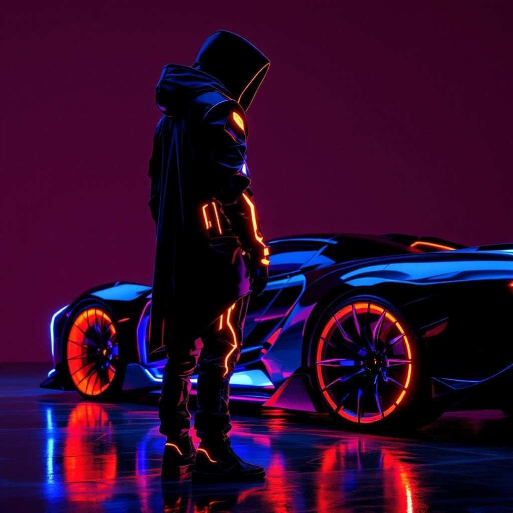 Cyberpunk Figure with Futuristic Car in Matte Painting