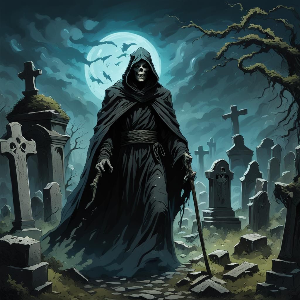 Grim Reaper in Abandoned Graveyard, Dark Fantasy Art