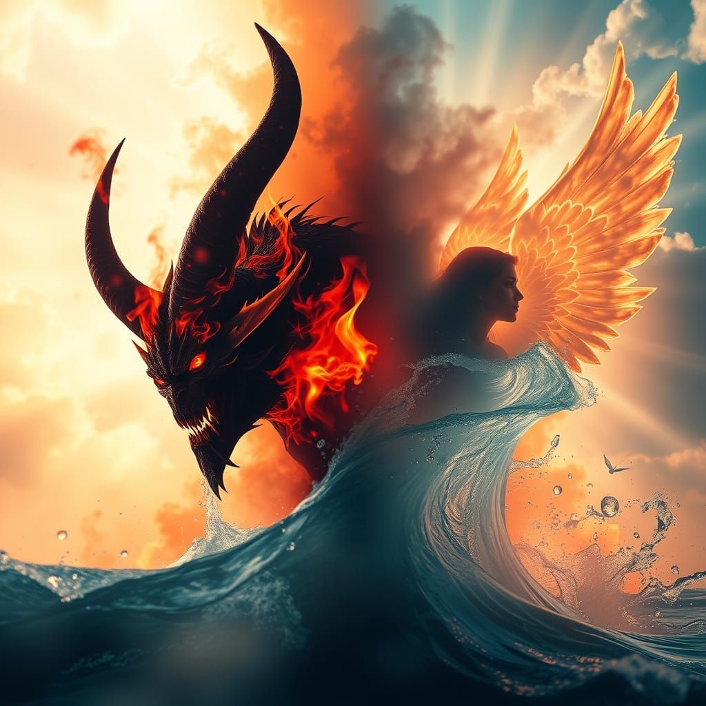 Fire Demon and Water Angel Split Screen in Dreamy Style