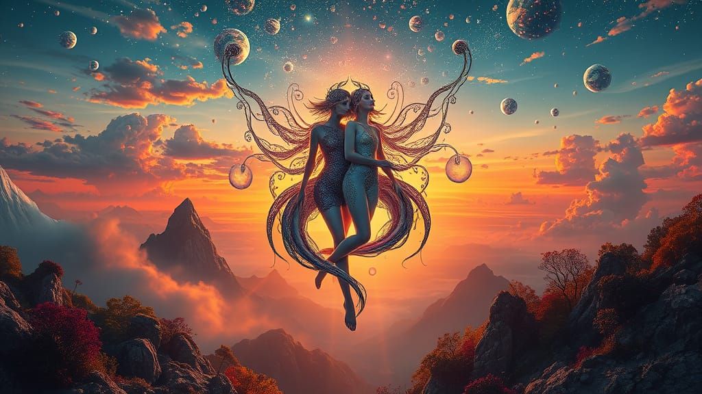 Mystical Being in Cosmic Dream Landscape at Sunset