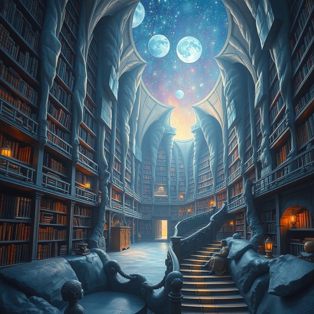 Celestial Library with Towering Bookshelves in Dreamlike Lan...