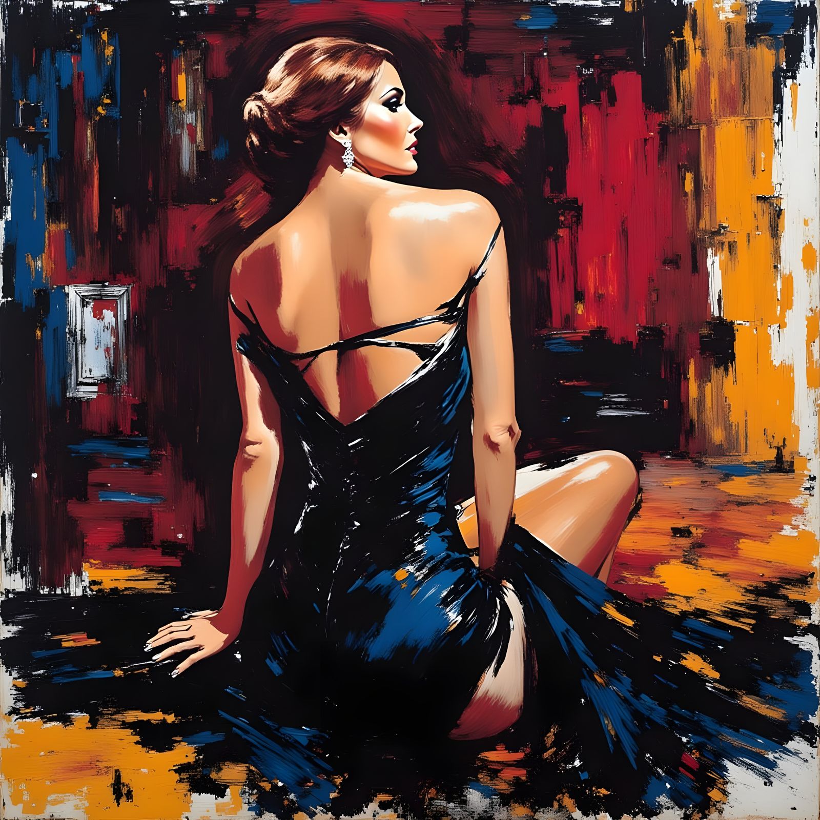 Raquel Welch in Elegant Gown with Abstract Brutalist Brushst...