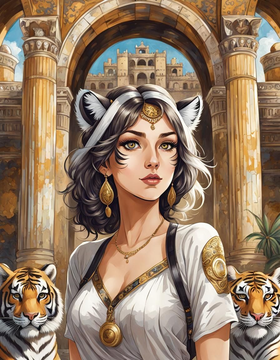 Tiger-Woman Hybrid in Ruined Palace, Comic Book Style