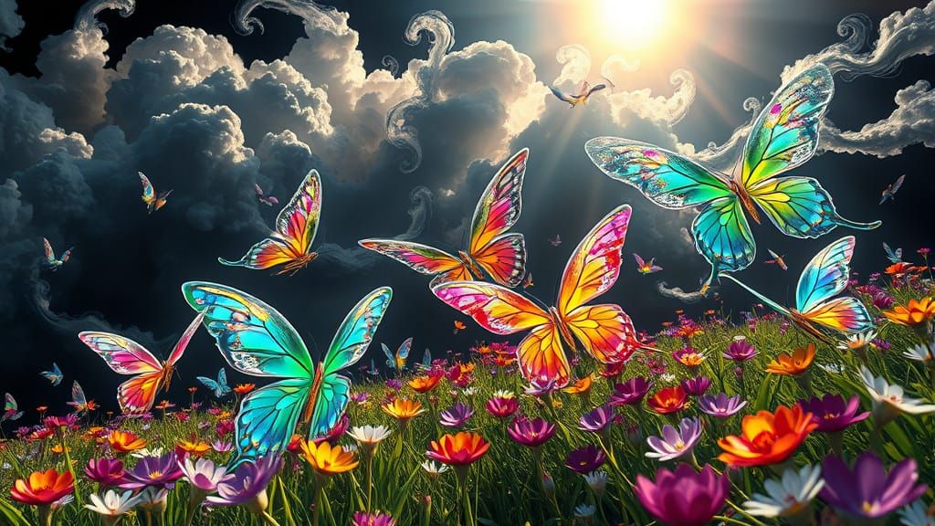 Crystal Butterflies Dance in a Vibrant Art Nouveau Meadow