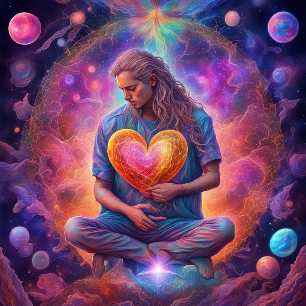 Holographic Astral Illustration of Struggling Hearts