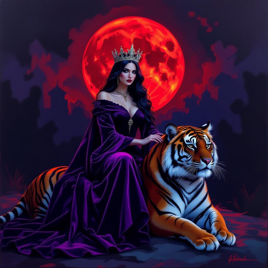 Gothic Queen on Black Tiger Under Red Moon
