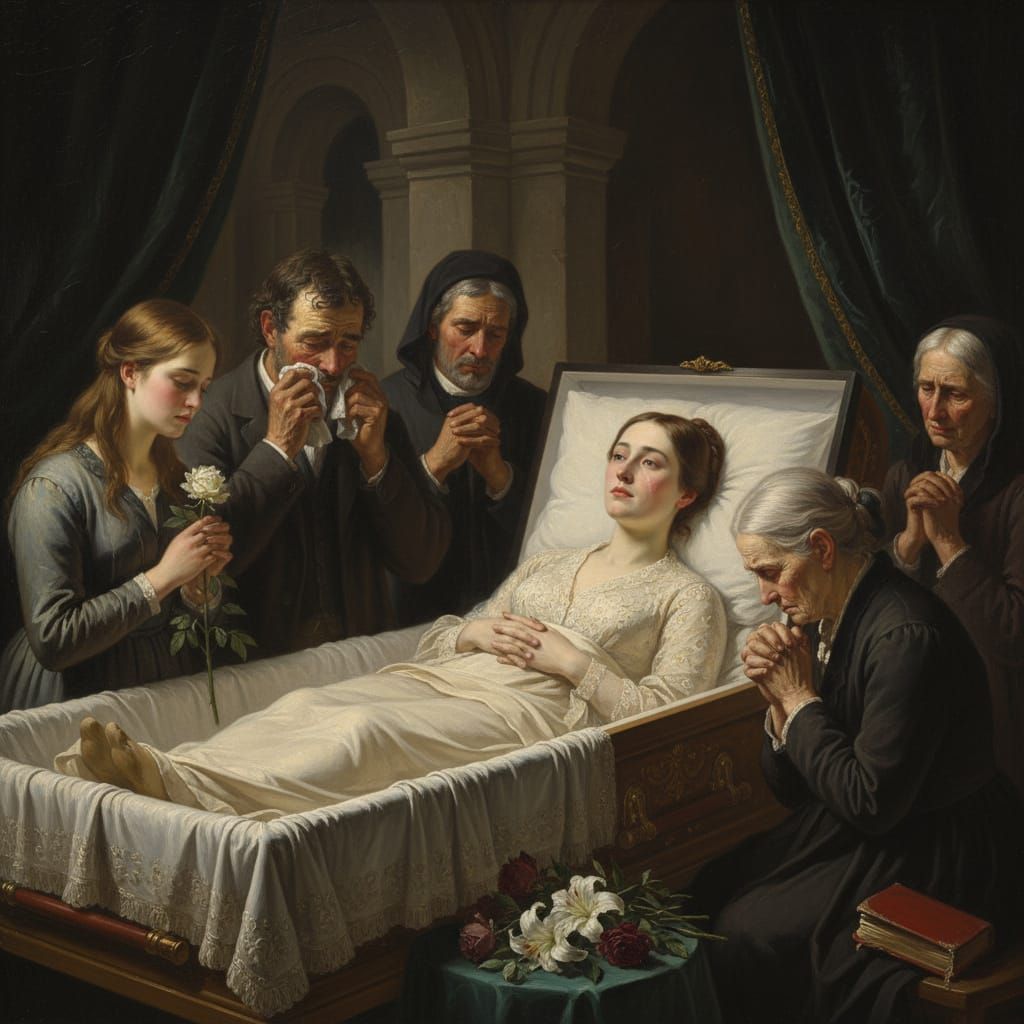 Poignant Oil Painting of Woman in Casket with Grieving Famil...