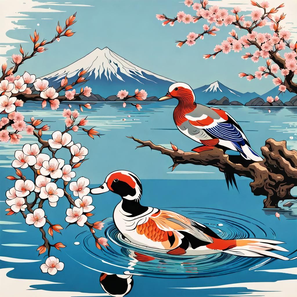 Mandarin Ducks Kiss in Japanese Print Style