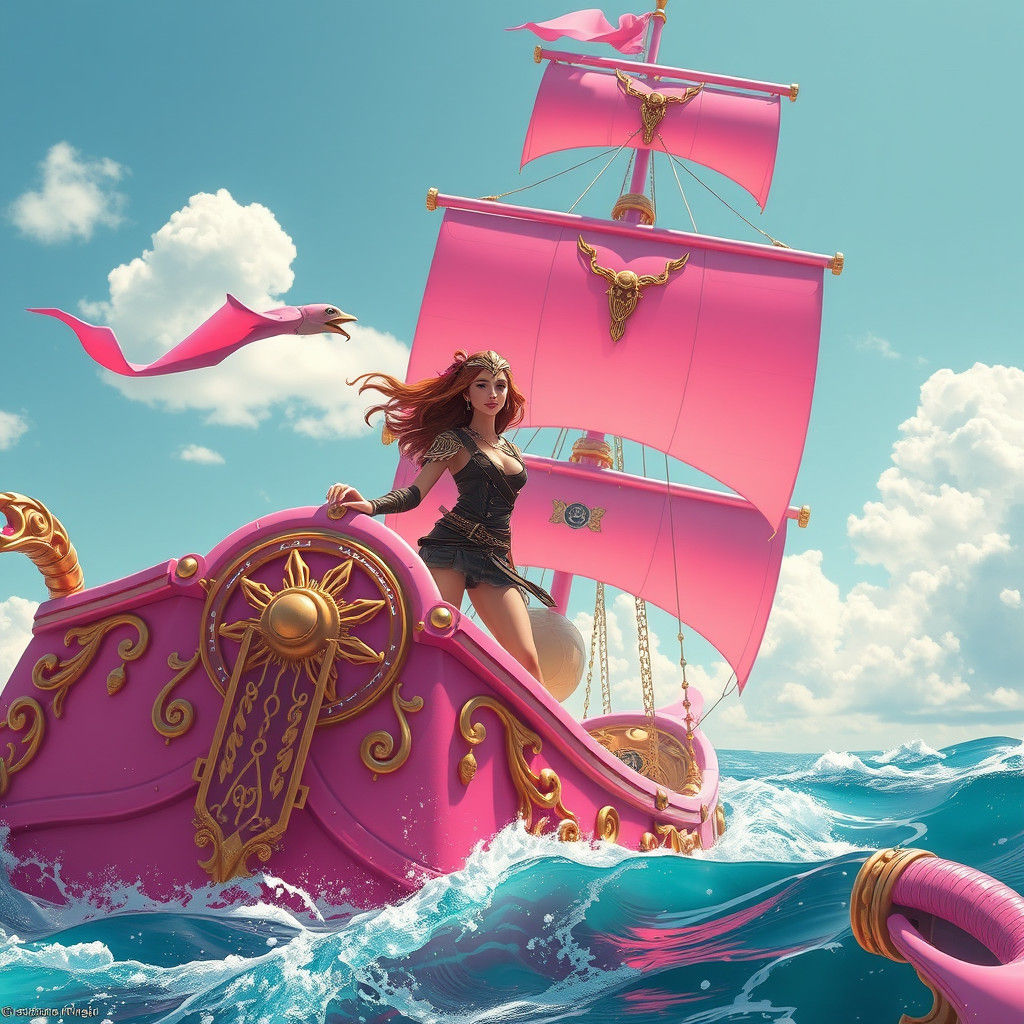 Pink Pirate Ship Adventure in Digital Art Style