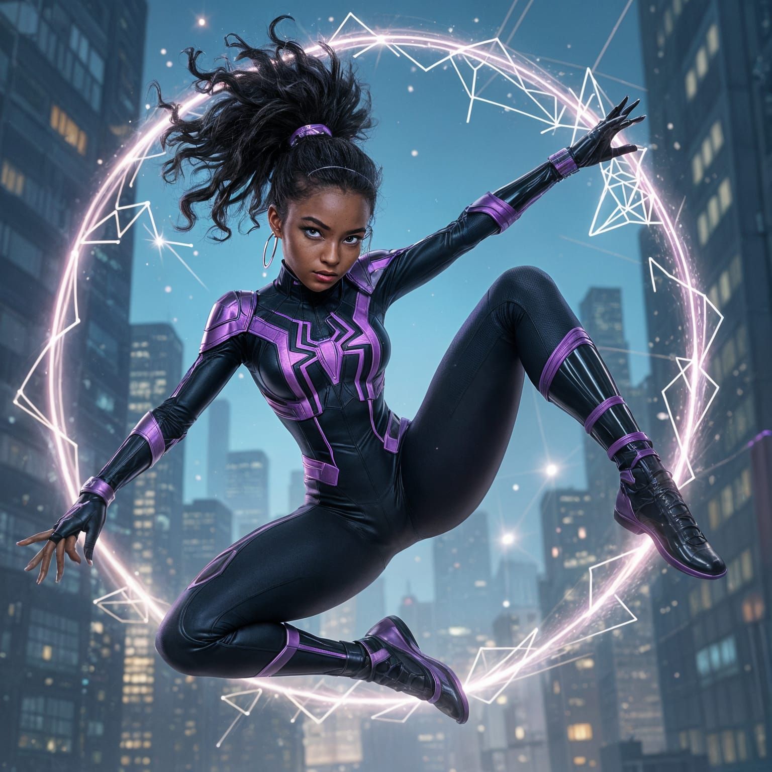 Futuristic Black Superhero in Gravity-Defying Spin
