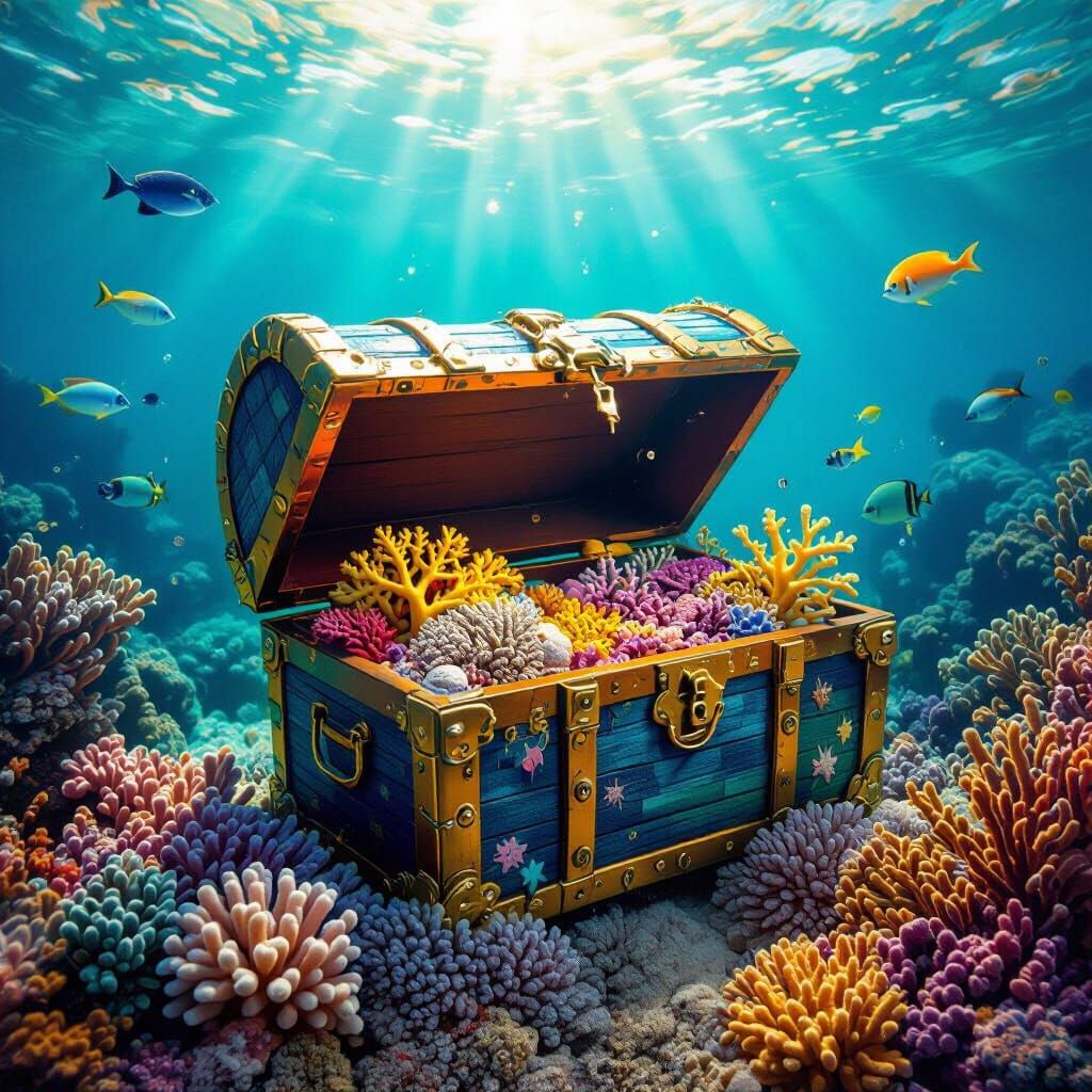 Underwater Treasure Chest with Coral and Mystical Creatures