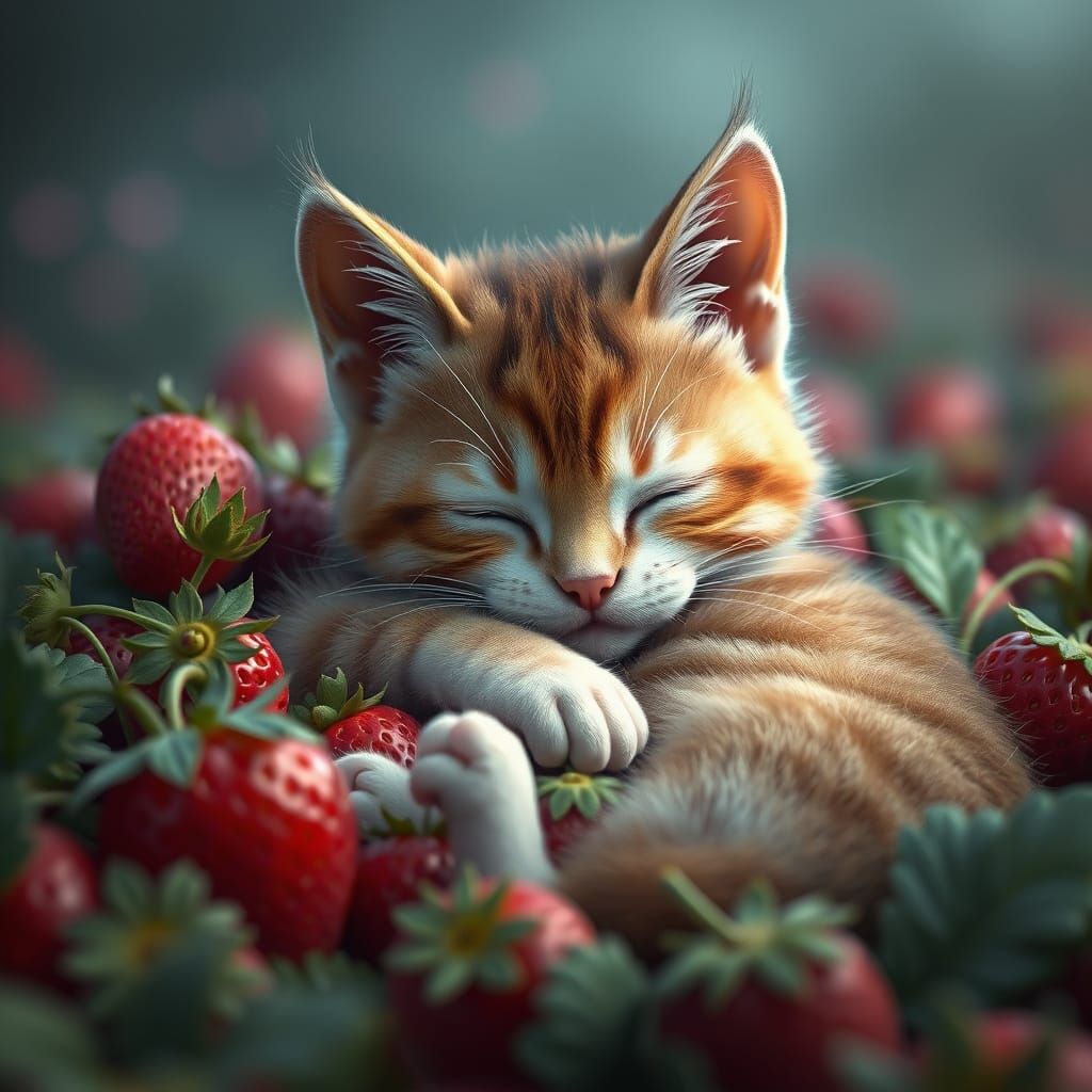 Surreal Baby Cat Amidst Vibrant Strawberry Field