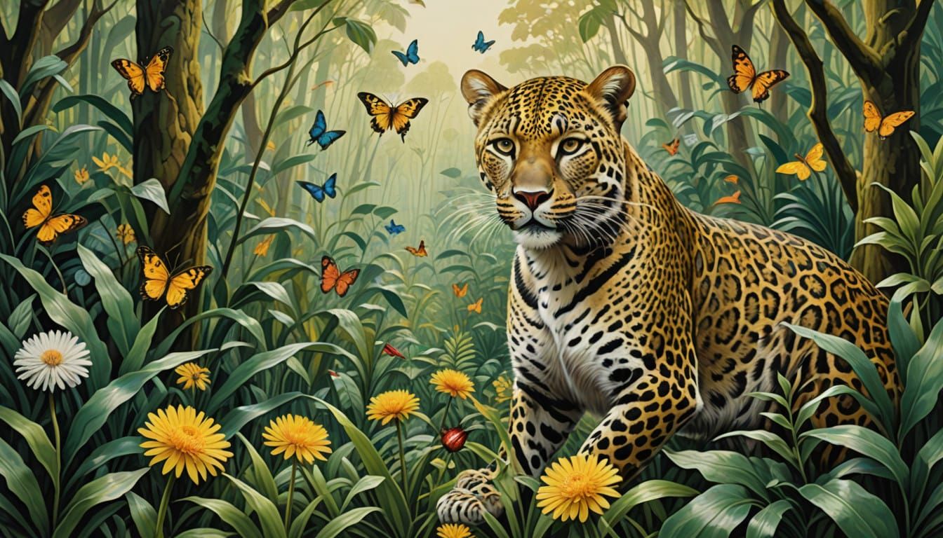 Majestic Leopard in Whimsical Jungle Scene