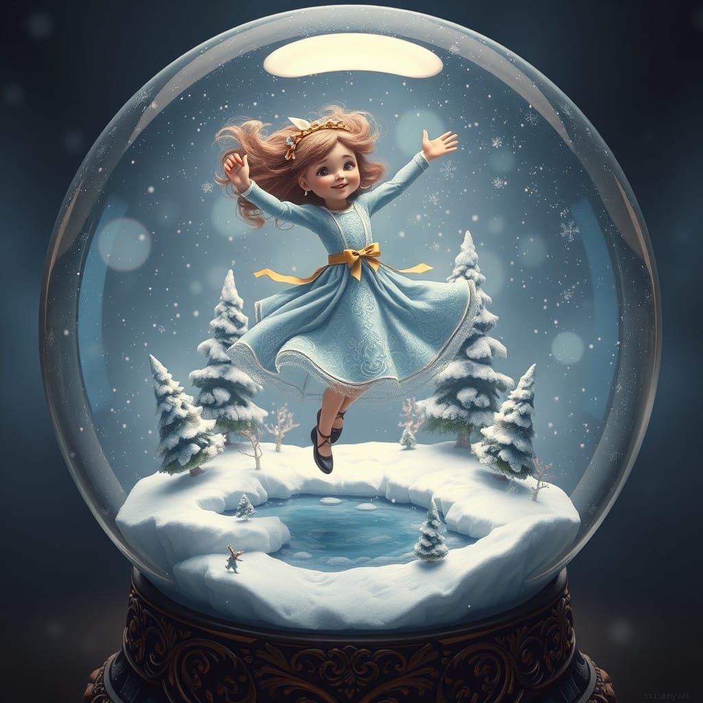 Whimsical Girl in Snow Globe Wonderland