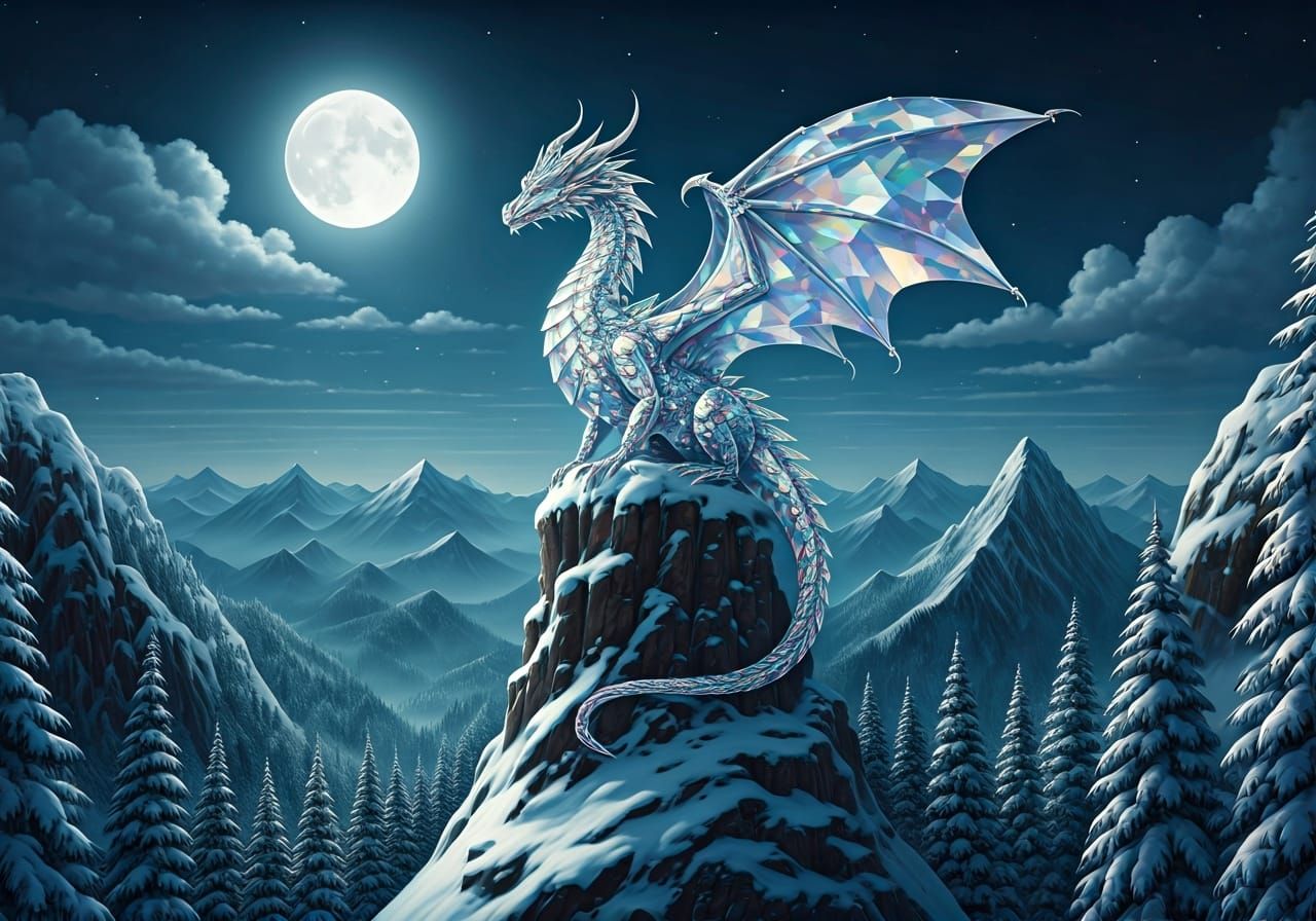 Crystal Dragon on Snowy Peak in Art Nouveau Style