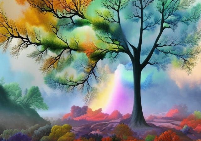 Rainbow Fractal Tree in Gouache Style