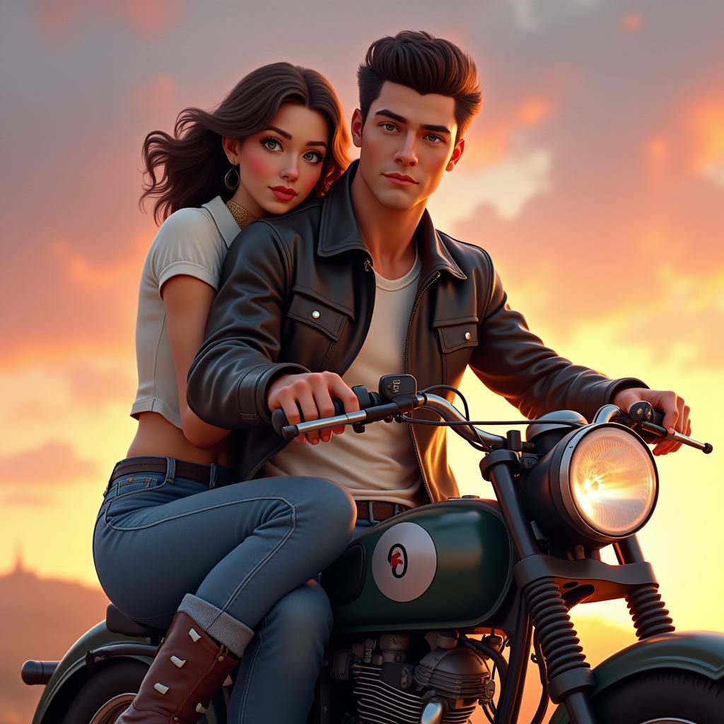 1950s Couple Ride Motorcycle at Dusk: Syd Mead Style