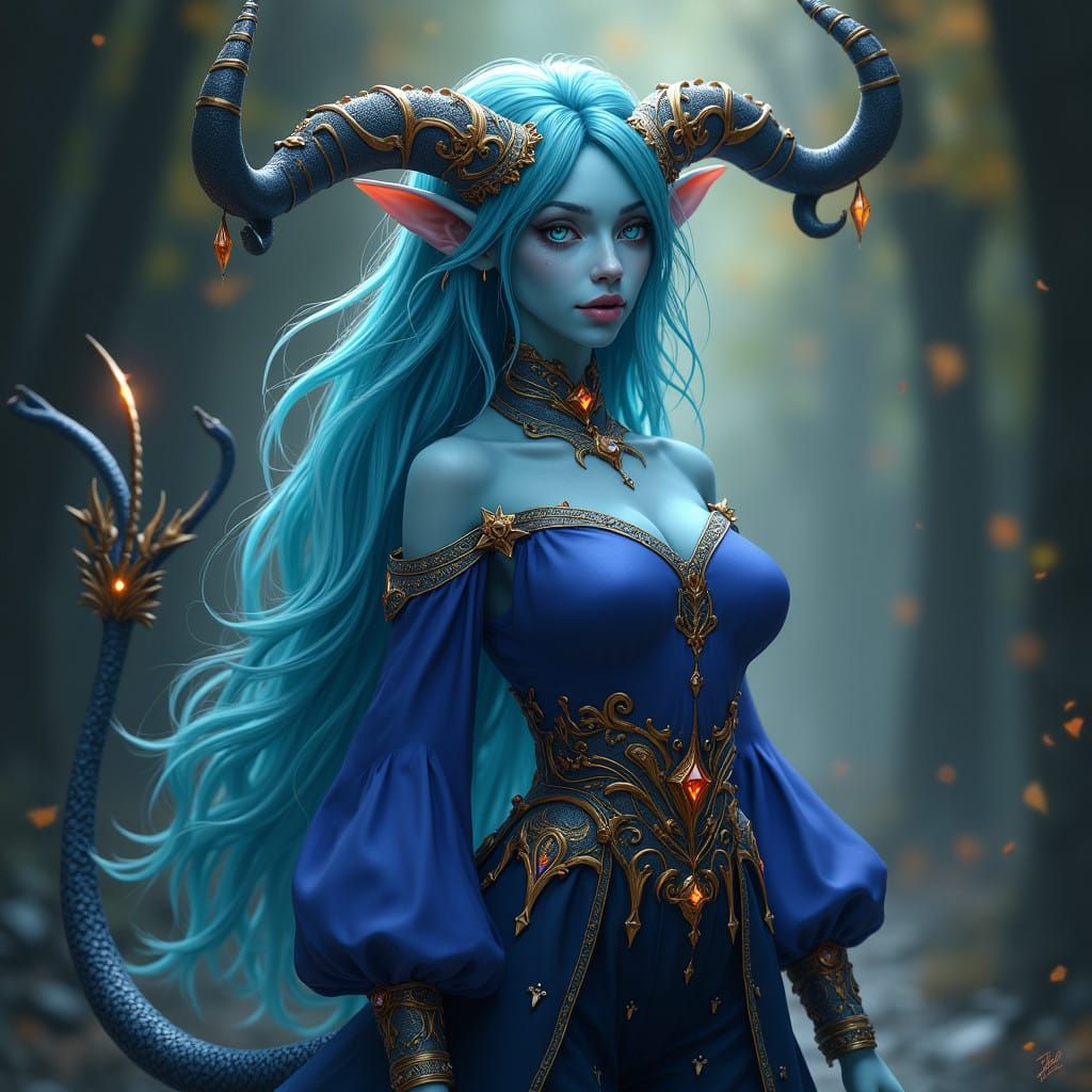 Regal Tiefling in Dark Fantasy Style