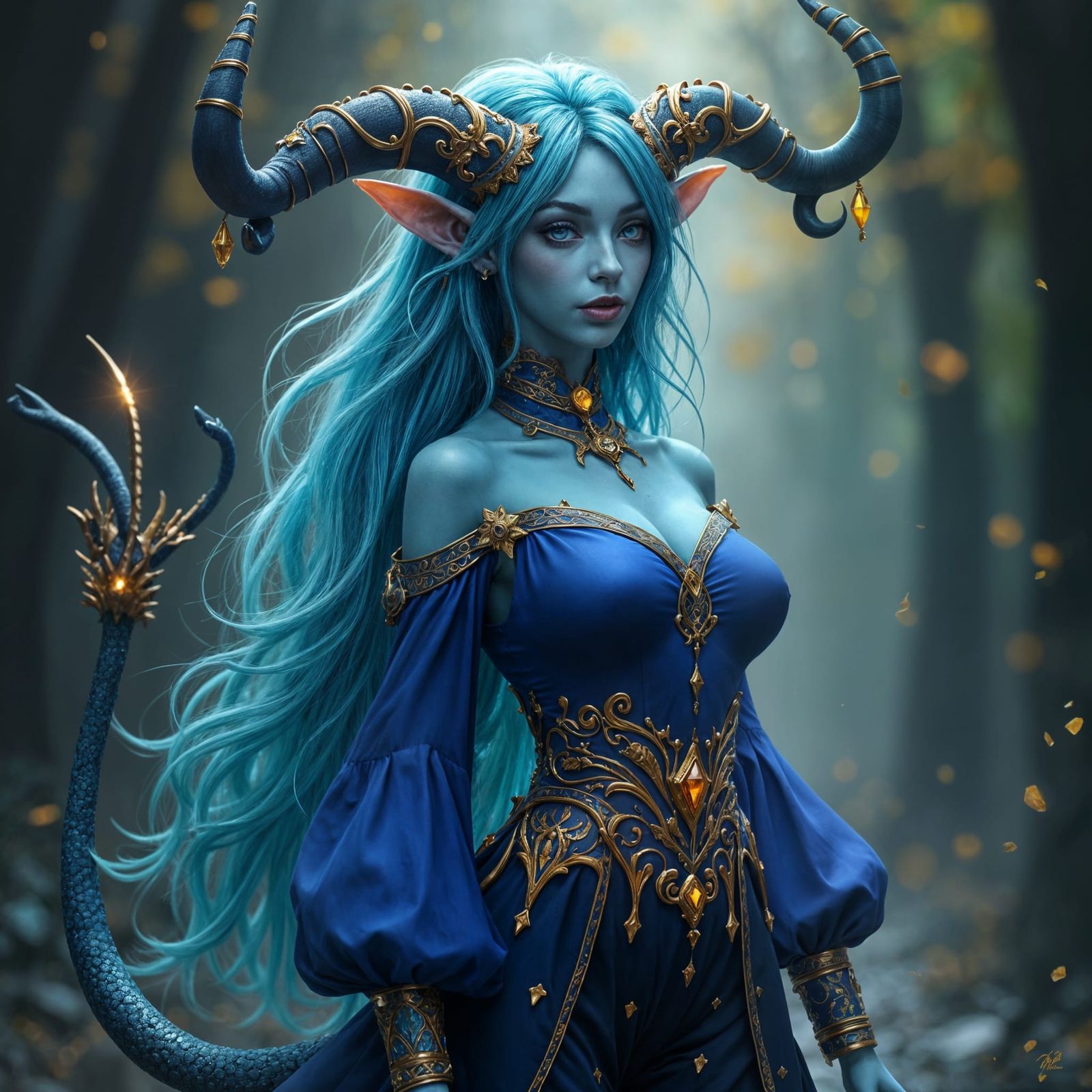 Ethereal Tiefling Princess with Majestic Horns in Regal Atti...
