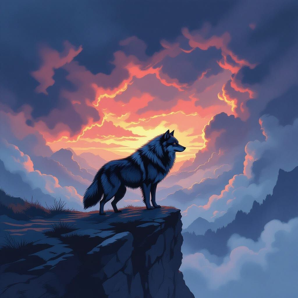 Majestic Wolf Silhouetted on Cliff Against Stormy Sky