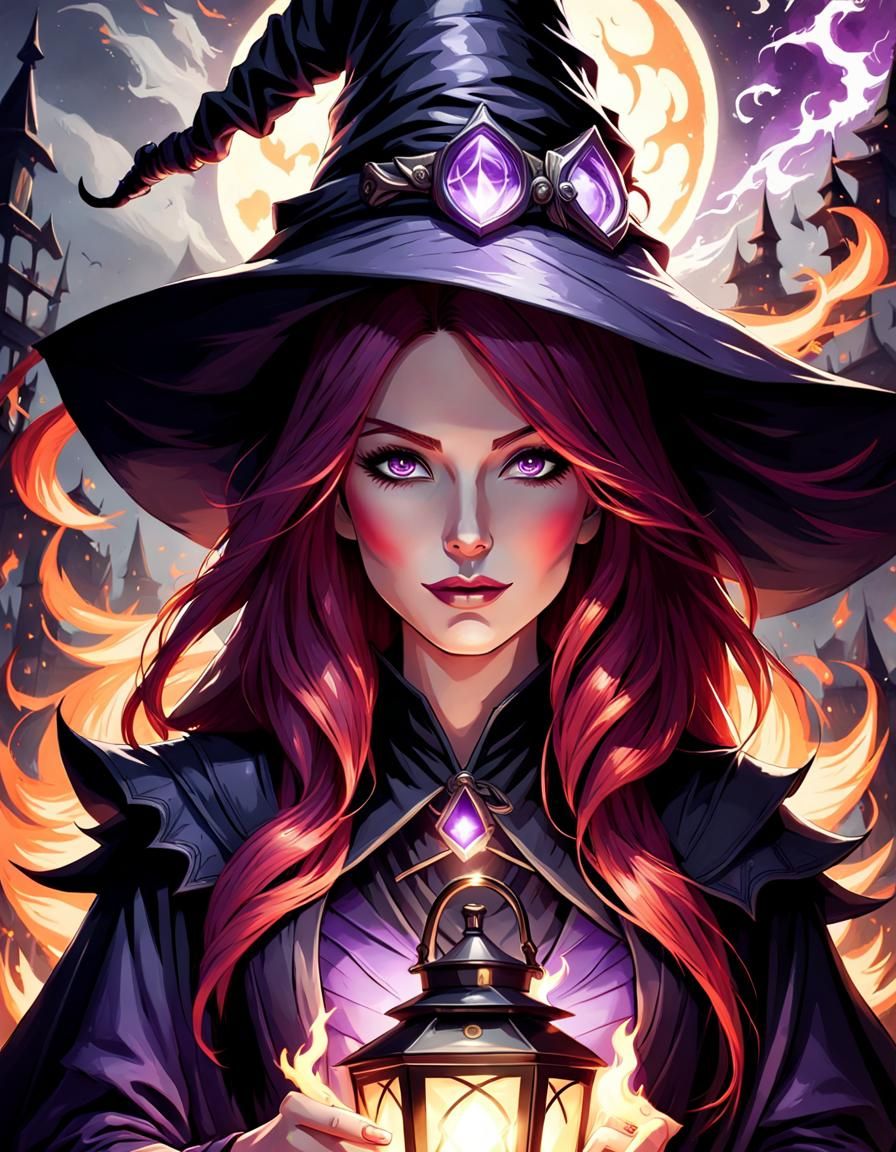 Red-Haired Witch with Lantern in Fantasy Artwork
