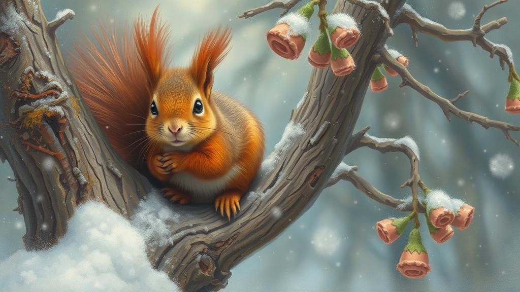 Crimson Squirrel in Winter: An Impressionist Painting