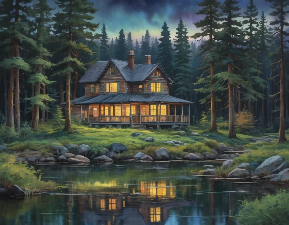 Old House by Lake Under Aurora in Gouache Style