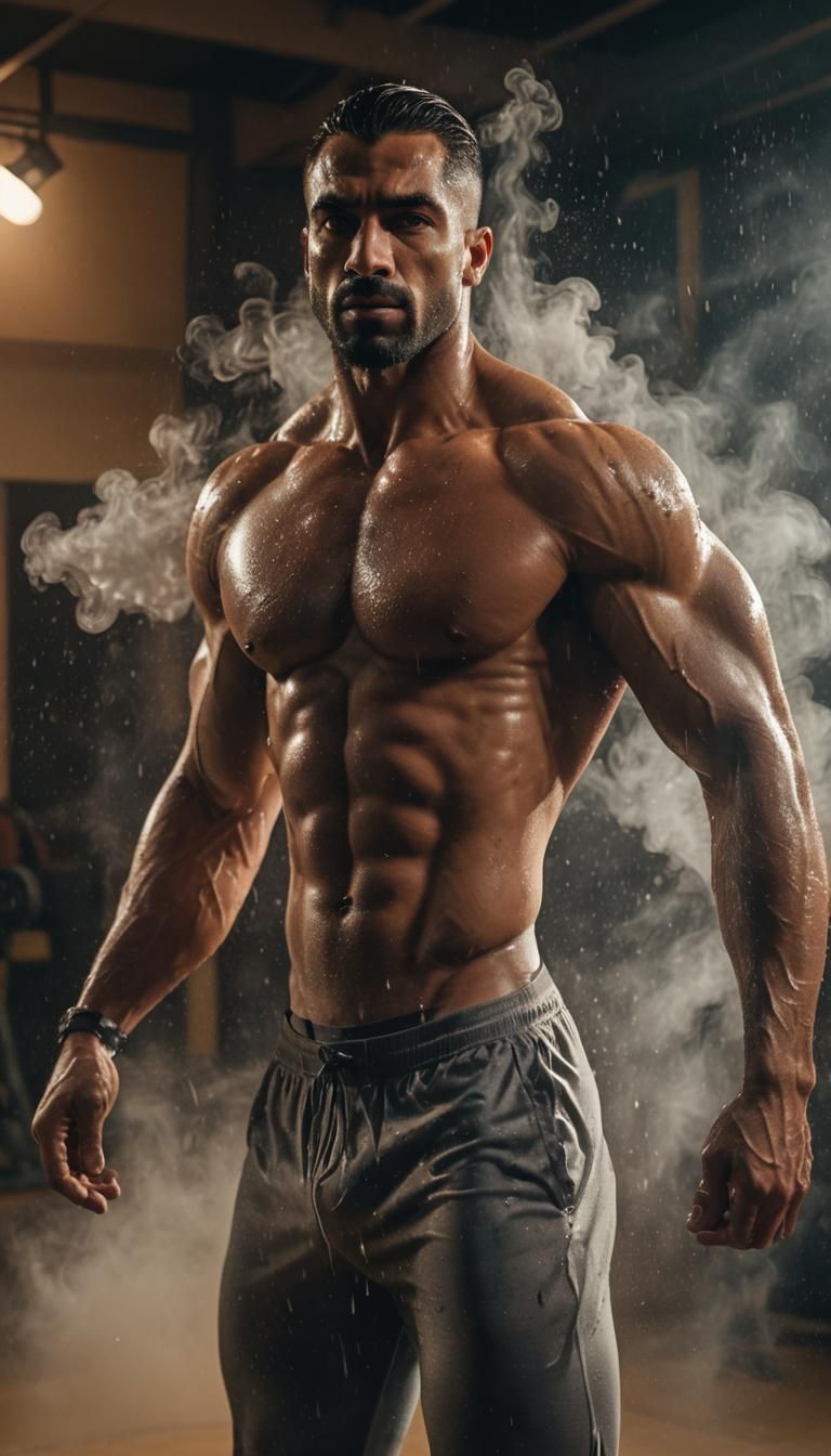 Hyperrealistic Arab Bodybuilder in Gym, Cinematic Style