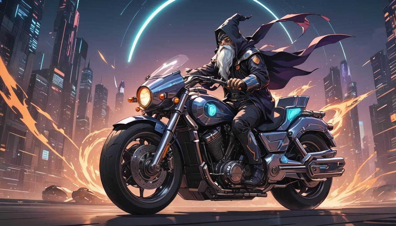Wizard on Futuristic Motorcycle in Anime Style