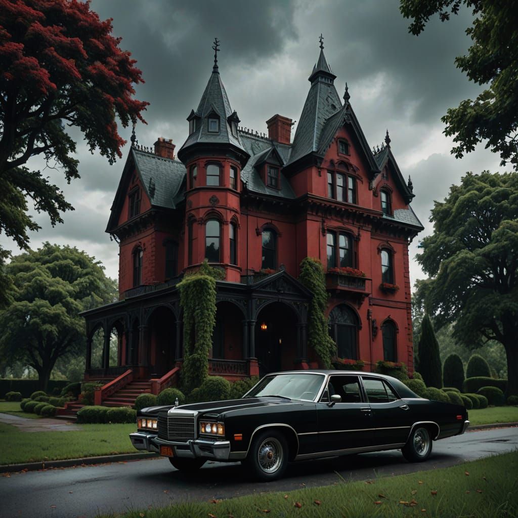 Gothic Mansion with Vintage Car in Moody Cinematic Style