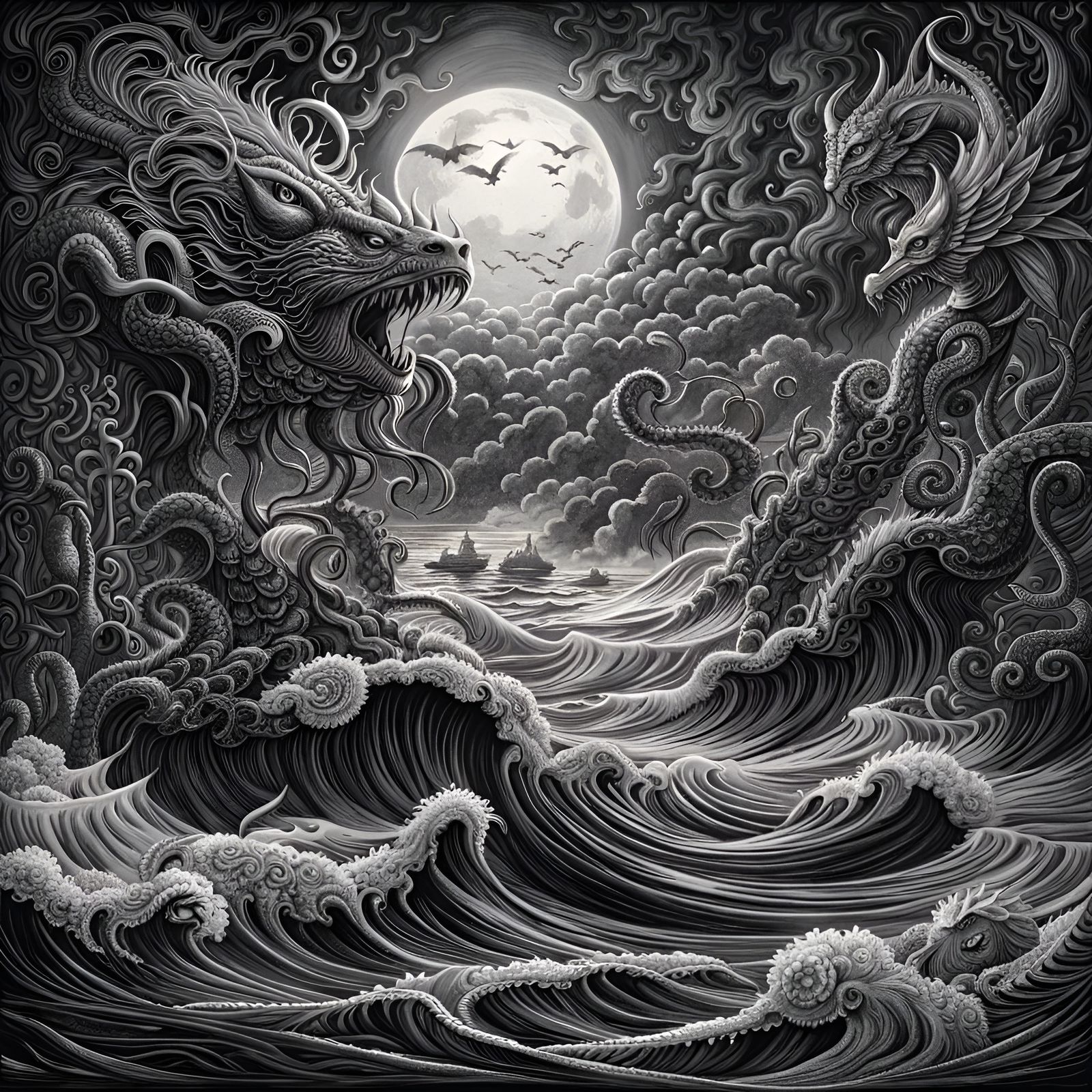 Chaotic Winter Seascape with Eldritch Monster