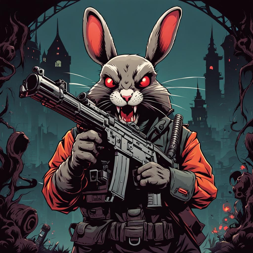Menacing Rabbit Wielding Machine Gun
