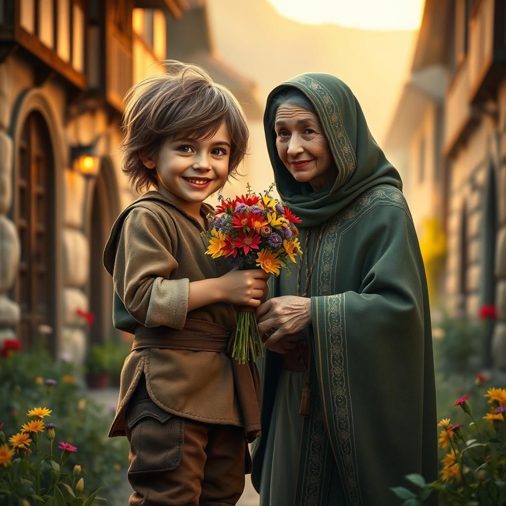 Boy Offers Flowers to Woman in Renaissance Fantasy Style