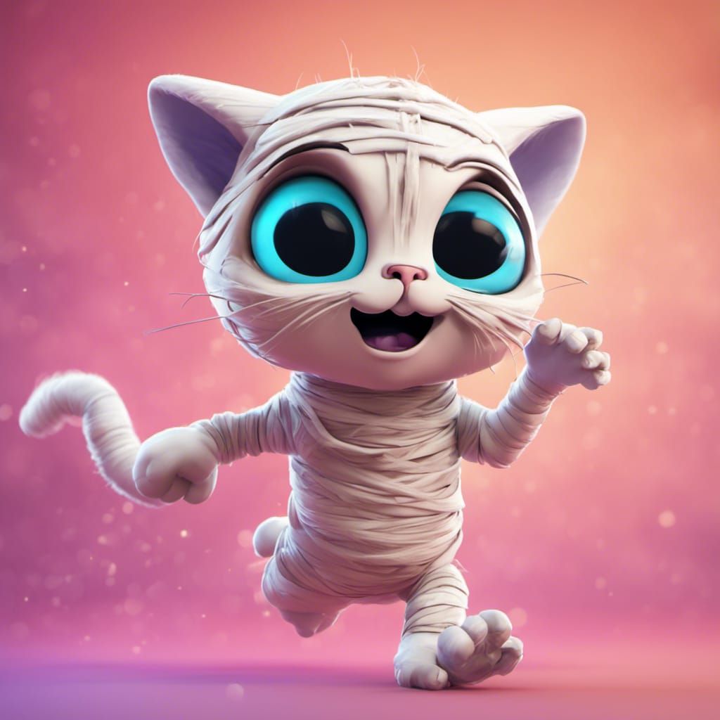 Cute Halloween Mummy and Scared Kitten: 3D Digital Art