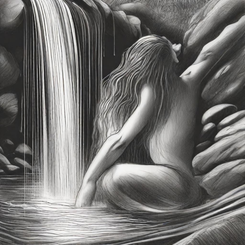 simple line sketch of woman washing hair under a waterfall h...