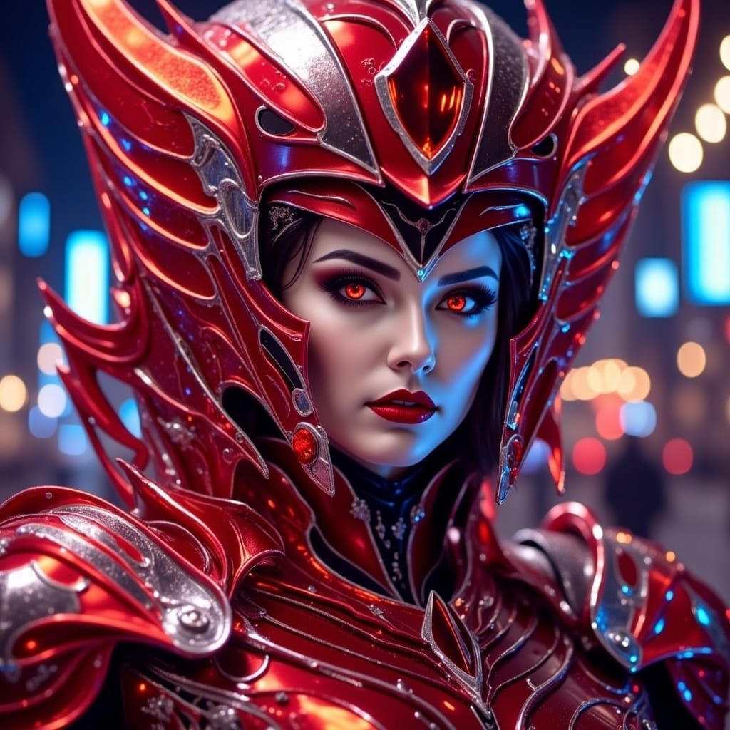Metallic Cyberpunk Portrait with Alluring Red Hues