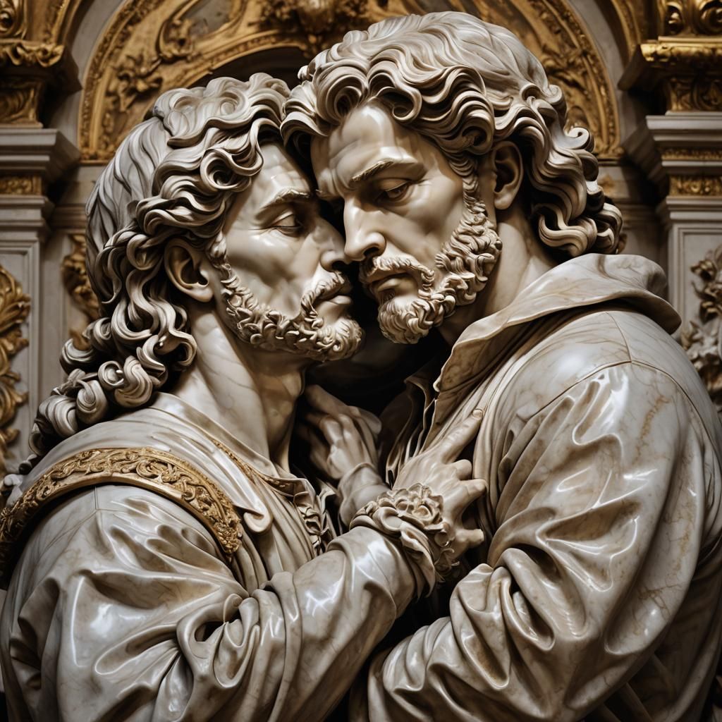 Baroque Sculpture: Two Men in a Passionate Kiss