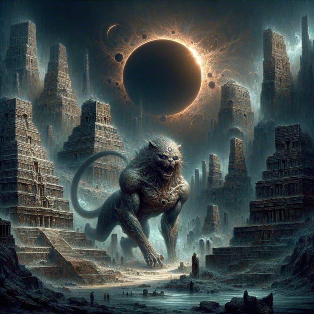 Dark Fantasy Monstrosity Stands Amidst Aztec Temples Under E...