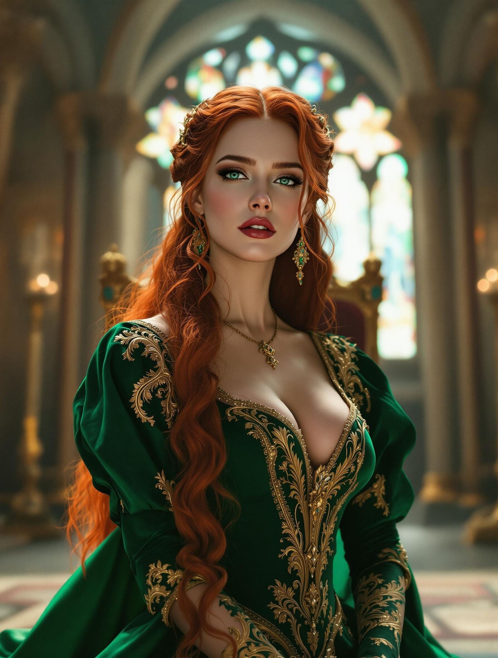 Medieval Queen in Emerald Gown, Cinematic Lighting