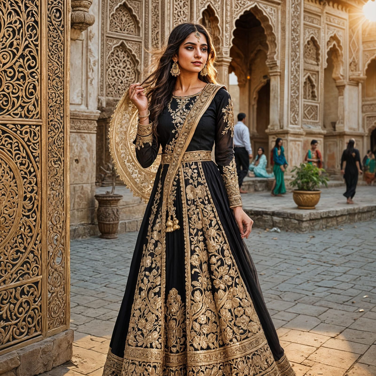 Girl in Embroidered Anarkali Dress Holding Henna Plate