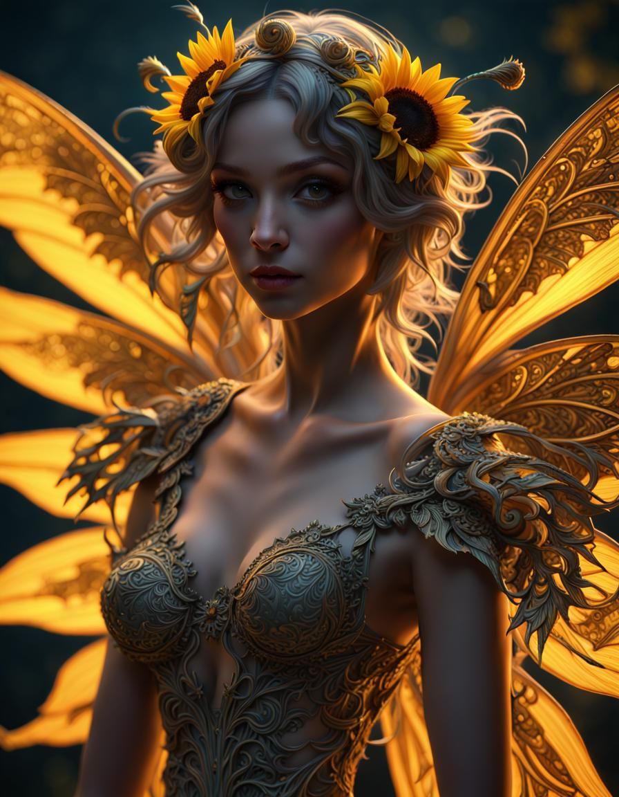 Sunflower Fairy with Glowing Wings