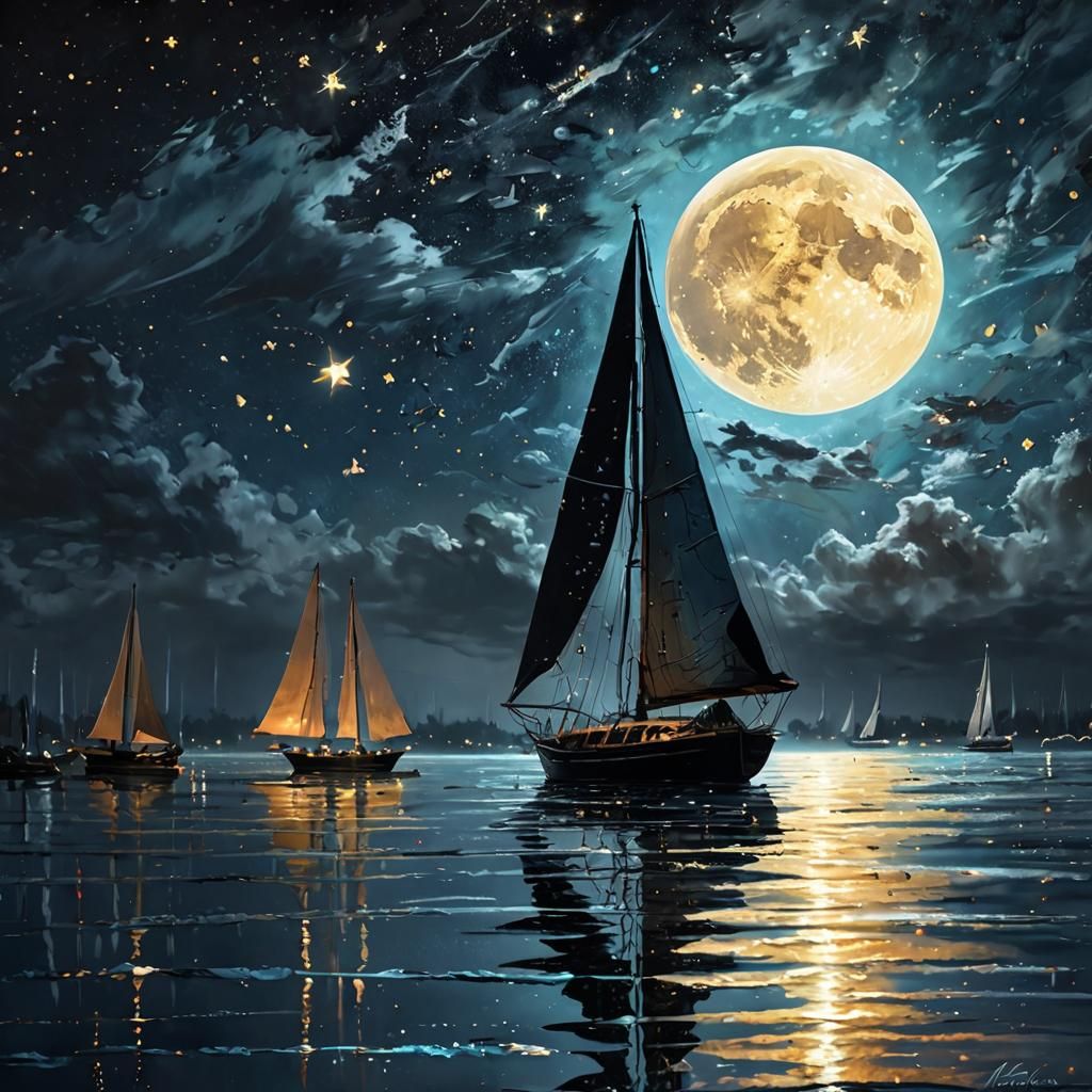 Sailboat Silhouette Under Silver Moonlight as Impressionist ...