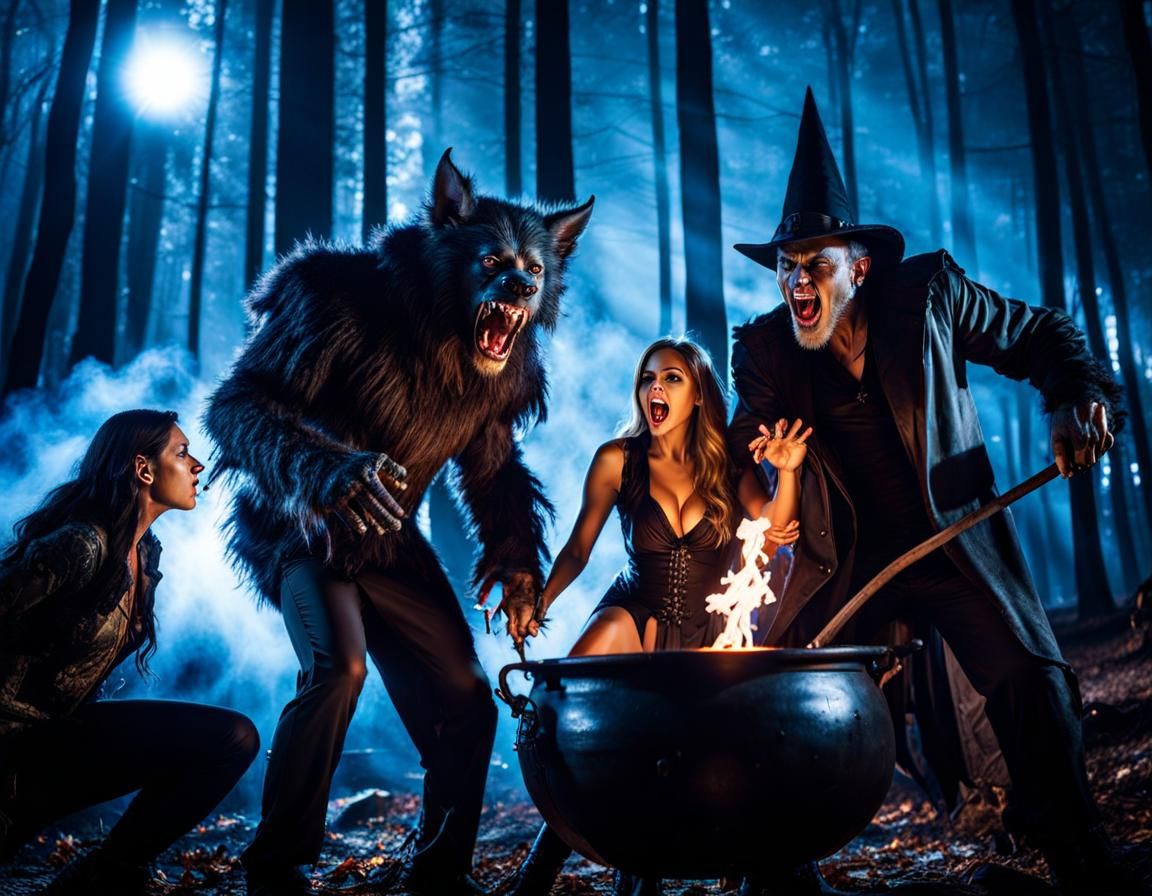 Halloween Movie Monsters Party in Forest, Hyperrealism