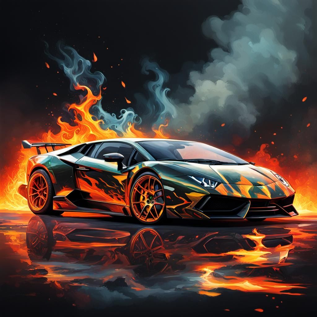 Fiery Lamborghini Portrait in Hyperrealistic Splash Art