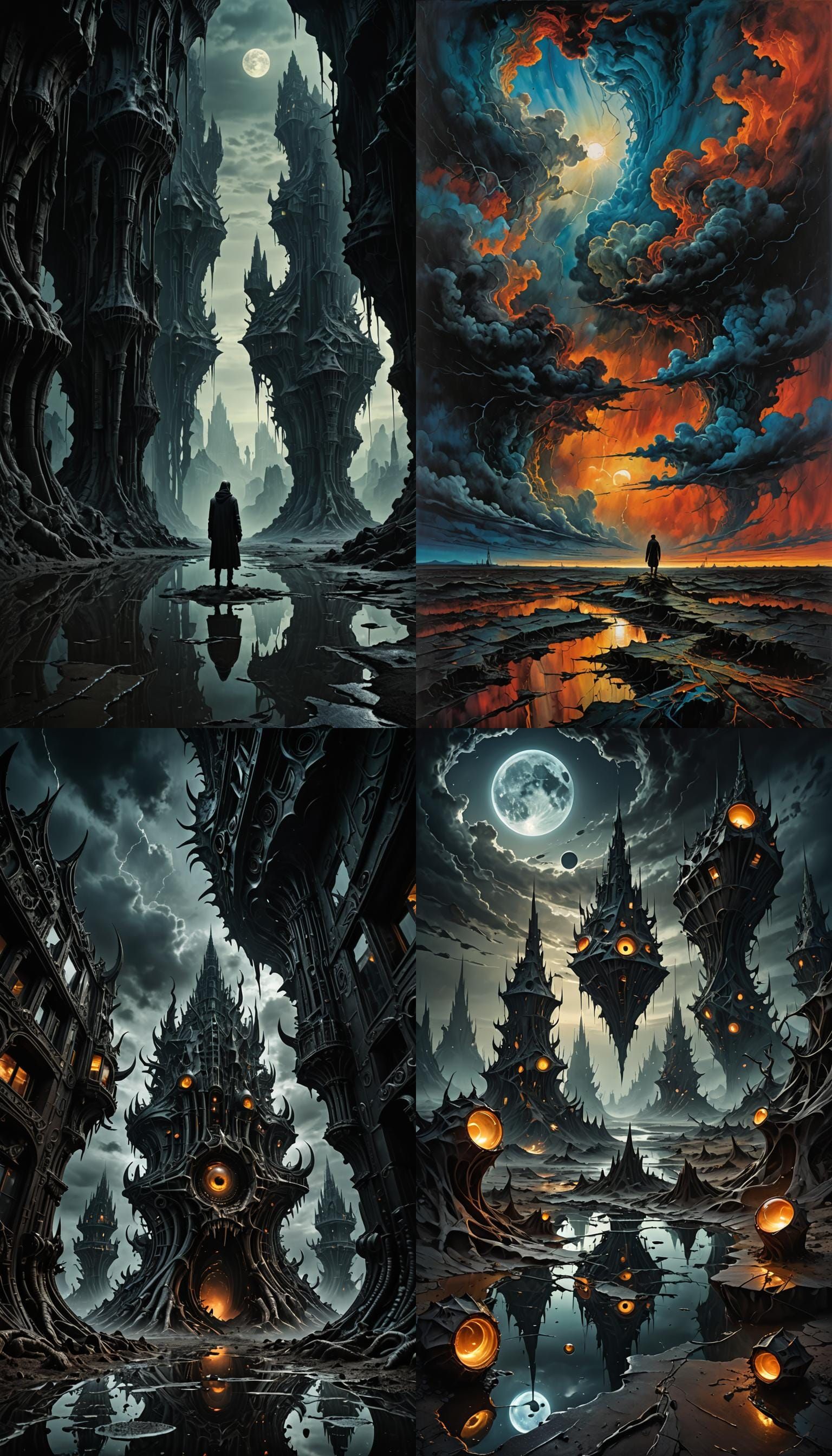 Hellish Landscape with Glowing Eyes in Dark Sky