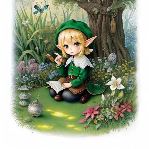 Chibi Elf in Whimsical Garden: Colourful Pencil Sketch