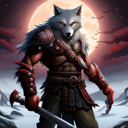 Bloody White Werewolf with Obsidian Armor and Sword