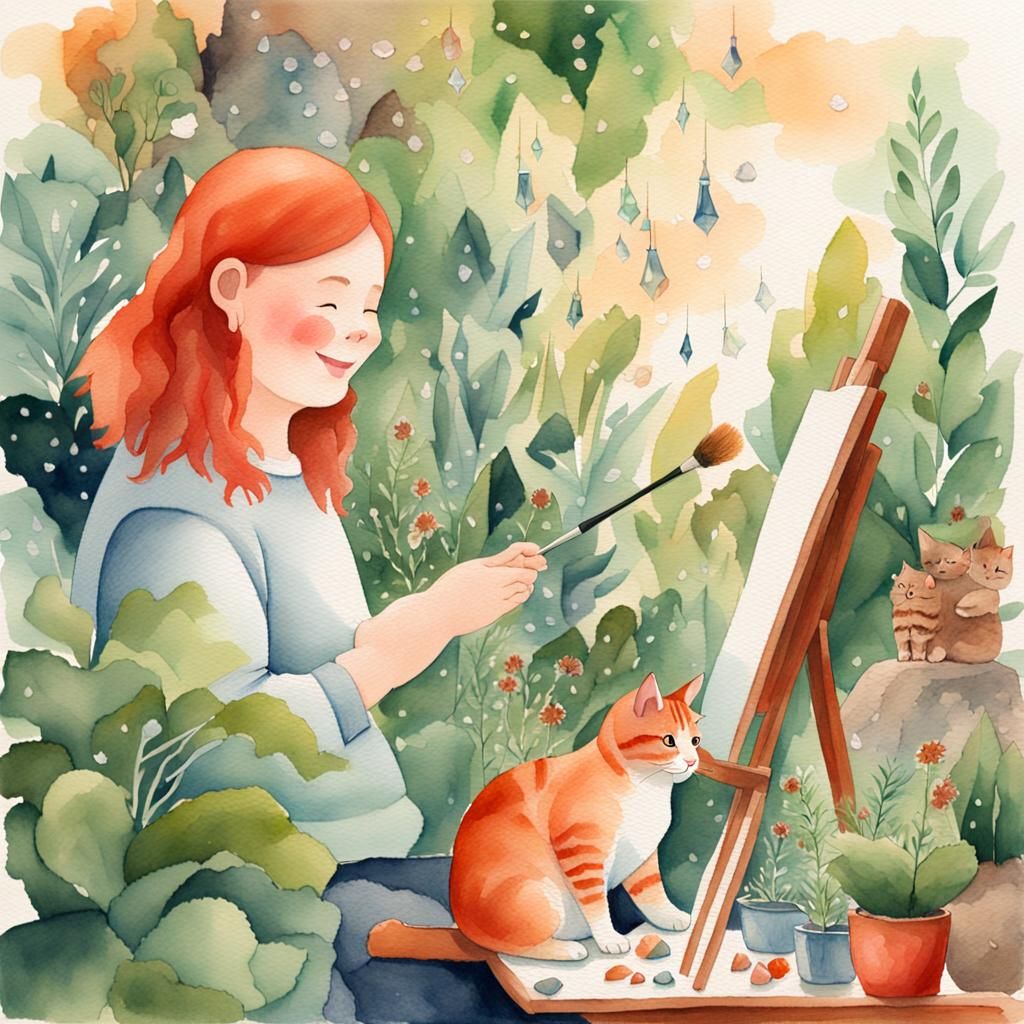 Whimsical Watercolor Painting of a Lady Surrounded by Plants