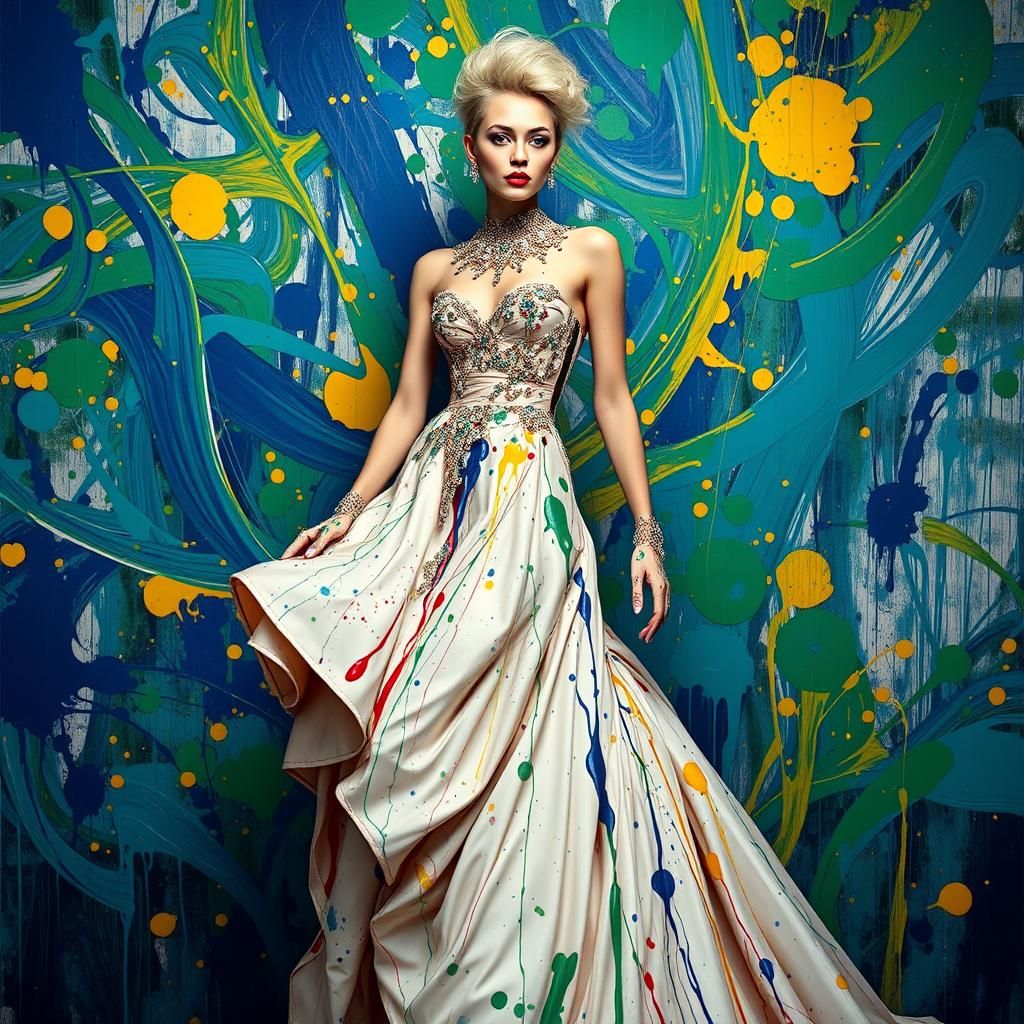 Paint-Splattered Couture Gown in Abstract Expressionist Styl...