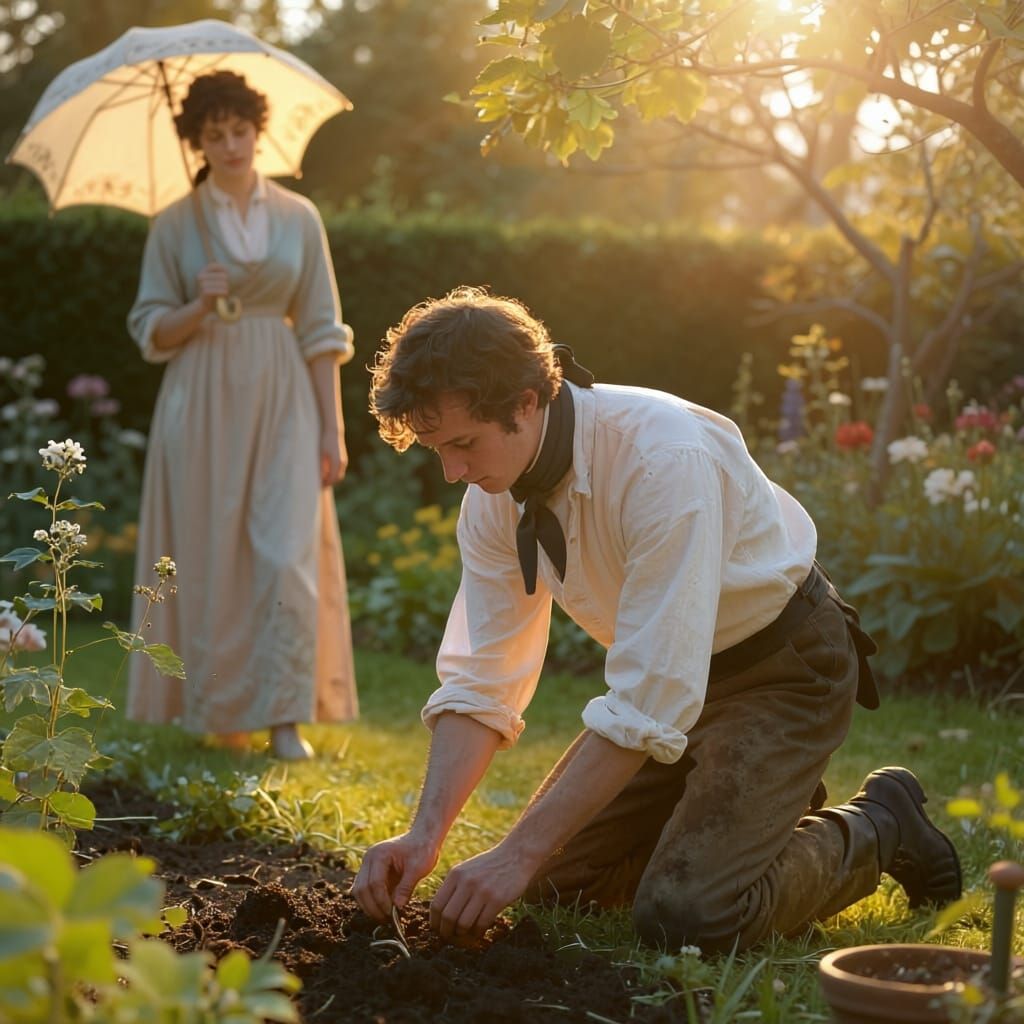 Regency Garden Scene: Gardener Tends Flowers, Woman Watches